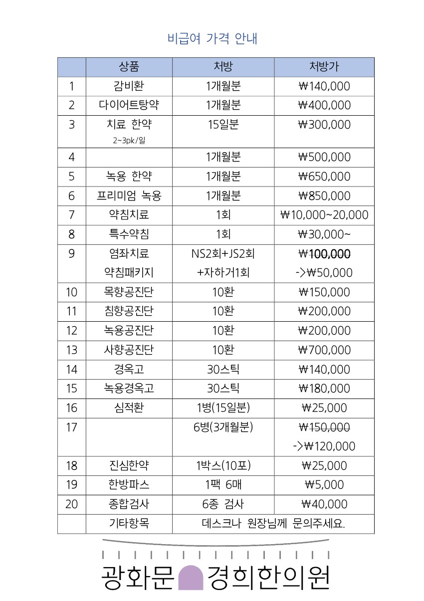 비급여 가격 안내